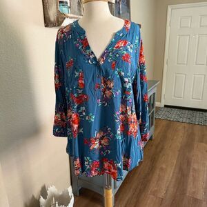 Torrid Womens Floral Rayon Challis 3/4 Sleeve Harper Blouse Blue Multi Size 3/3X